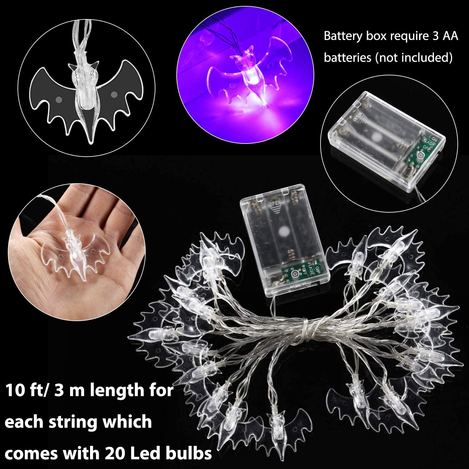 10/20/30 LED Purple Bat String Lights Solar Powered Halloween Bats String Lights for Outdoor Halloween Christmas Party Decor