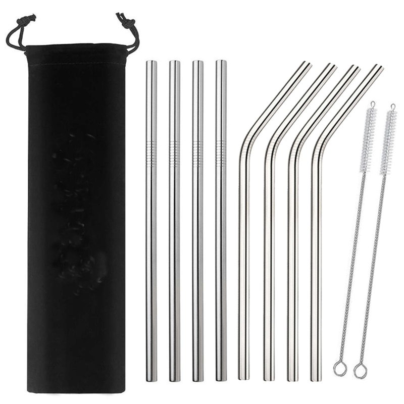 4/8Pcs Edelstahl Strohhalme Metall Wiederverwendbare Trinken Stroh Gold Gerade Gebogen Stroh Mit Reinigung Pinsel und Tasche
