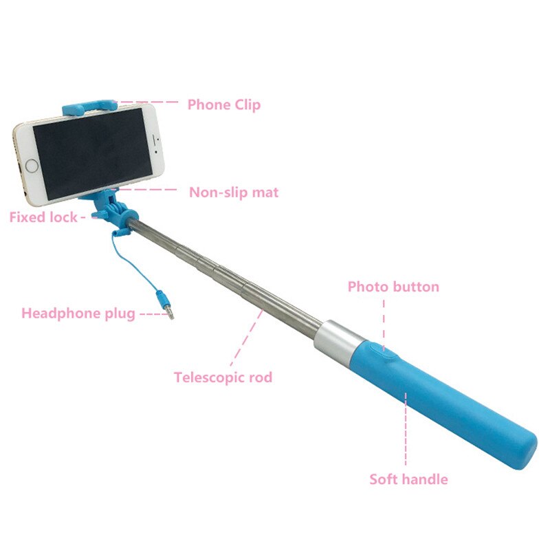 Wired Selfie Stick Handheld Monopod Ingebouwde Shutter Uitschuifbare + Mount Houder Voor Iphone Samsung Telefoons Camera