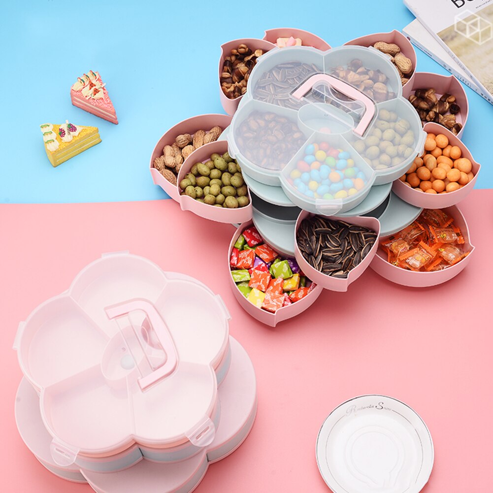 Bandeja giratoria para dulces con forma de pétalo de tres pisos, caja de almacenamiento de alimentos, platos de dulces de boda, organizador de compartimentos para frutas secas
