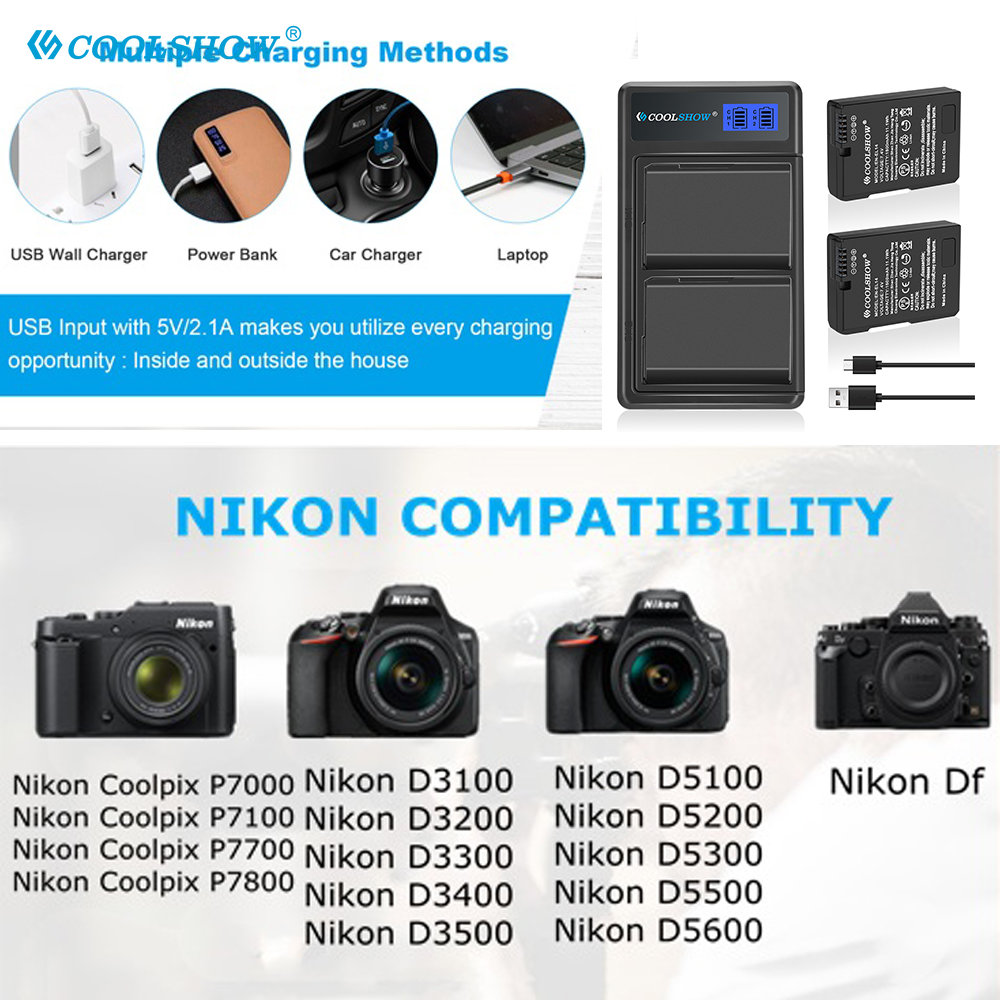 Enel 14 batteri 1500 mah til nikon  d3100 d3200 d3300 d3400 d3500 d5600 d5100 d5200 p7000 p7100 p7800 el14 batteri