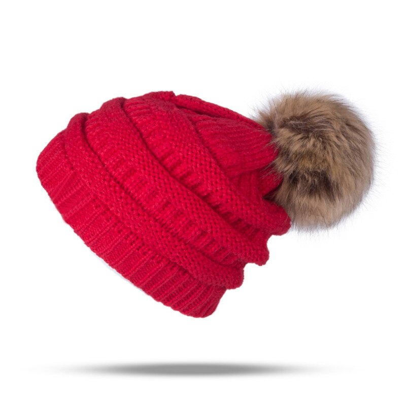 Pompons bal muts dames mutsen gebreide winter muts katoenen winter mutsen dames warme muts mutsen skullies gorras: Rood