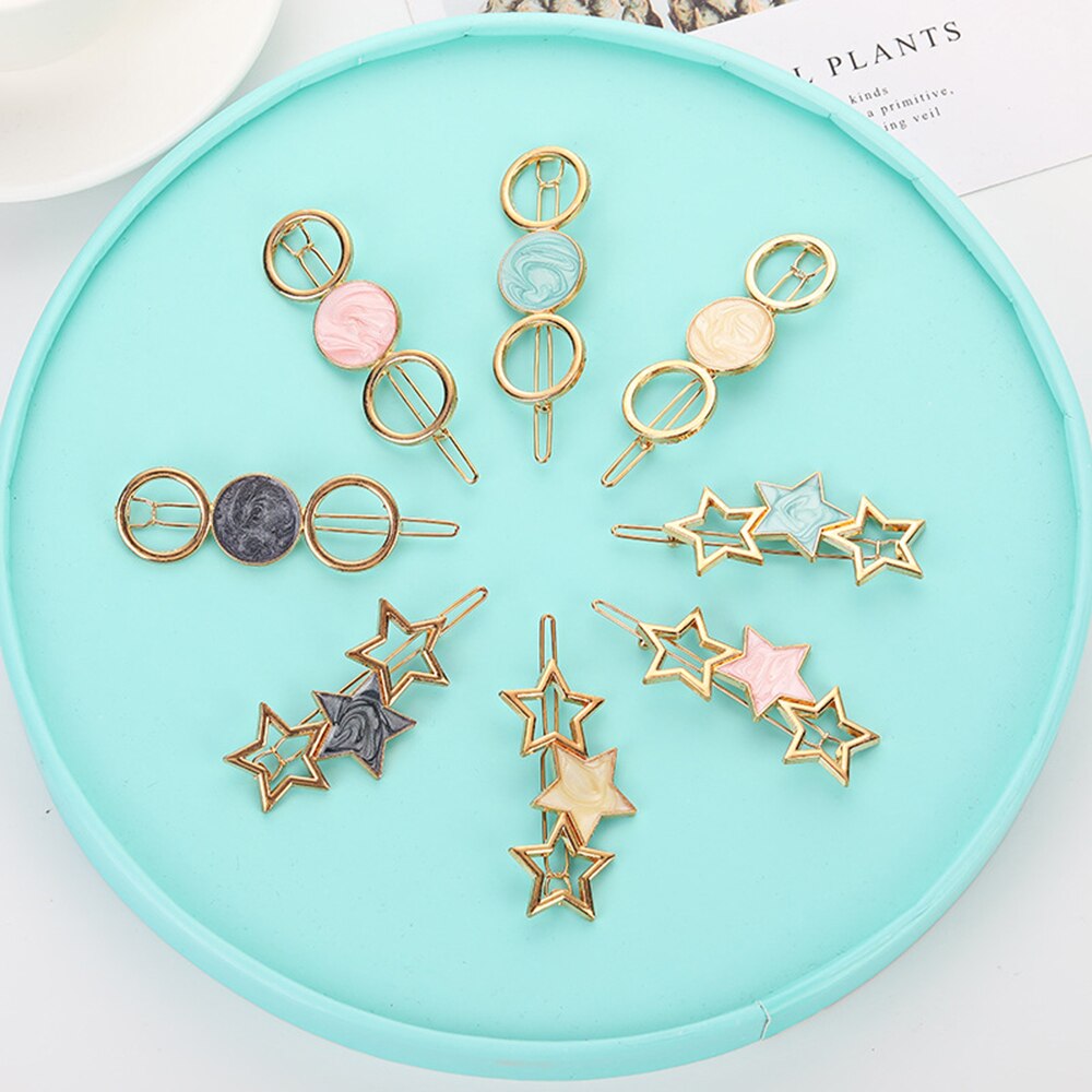 Pinza de pelo con estrella lateral redondo para mujer, horquilla de Metal geométrica, accesorios para el cabello para niña, , 1 Uds.