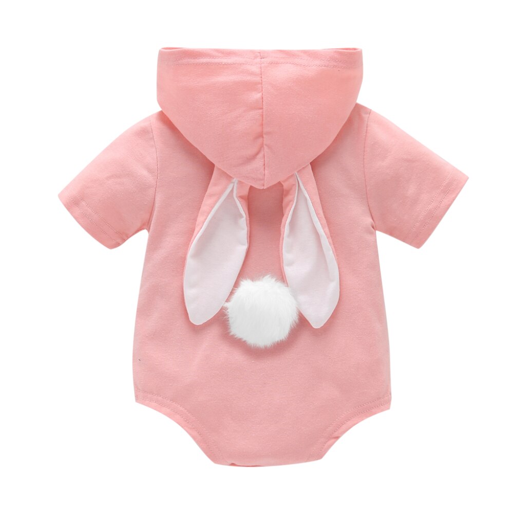 Baby sommer tøj spædbarn baby pige dreng påskehare ører hætte kortærmet bodysuit samlet solid pocket outfit: Lyserød / 6m