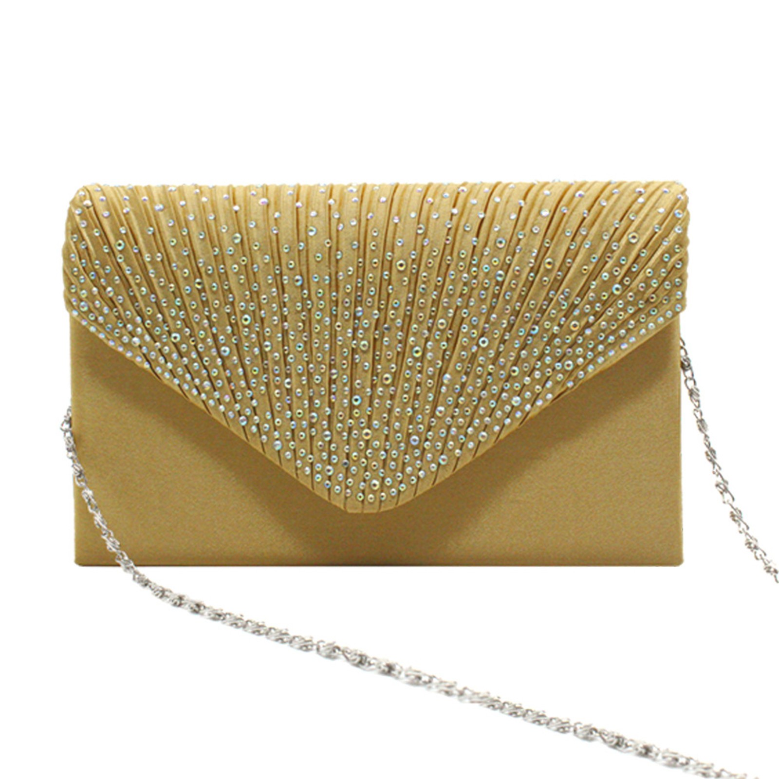 Bolsos de mano elegantes a la para mujer, bolso de hombro de satén con diamantes de imitación y cadena fina, vestido de y banquete, bolsos de noche a juego: Oro