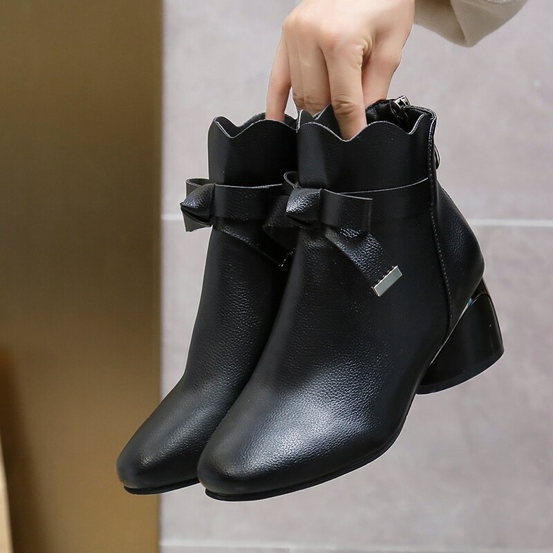 Women Ankle Boots Autumn Winter Shoes Med Heels Bare Boots Bow Dress Shoes Female Boots Wave White Botas Mujer: Black / 35