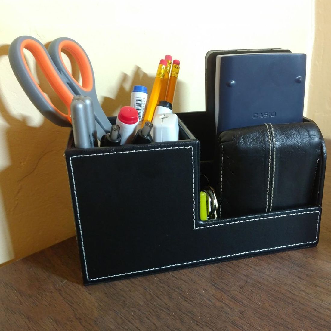 PU Leather Desk Stationery Box Organizer, Office Desktop Organizer with 3 Divided Storage Compartments for Storing Pen/ Remote