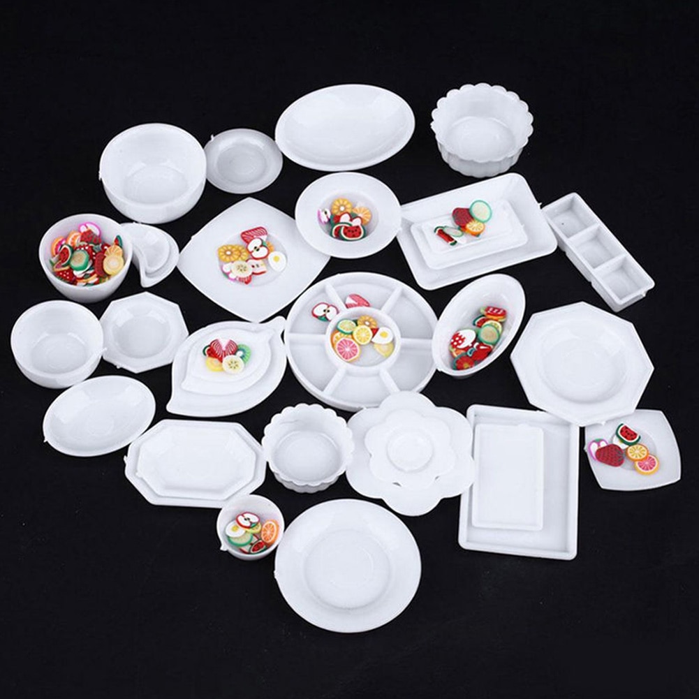 33 Pcs/set Dollhouse Miniature Tableware Plastic Plate Dishes Set Mini Food Plastic Tableware Model Set