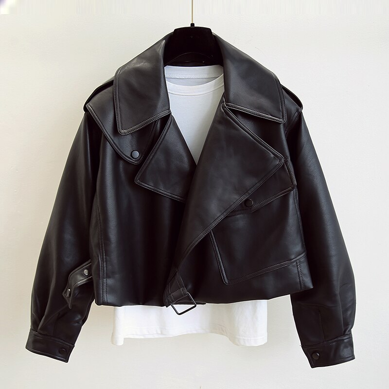 Chaqueta de cuero sintético para mujer, abrigo rojo y blanco con cuello vuelto, ropa de calle holgada, prendas de vestir exteriores, Primavera, 2022