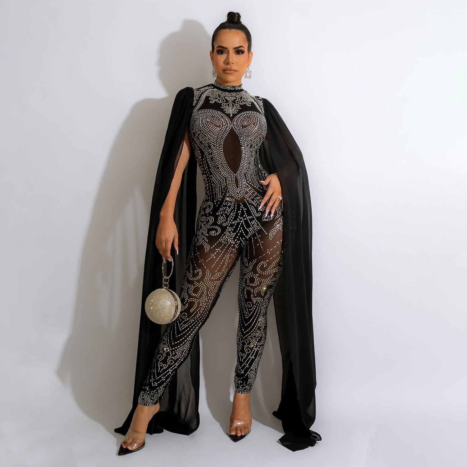 Sjalärm mesh kristall jumpsuit dam jumpsuit lyxig transparent paljetter festjumpsuit födelsedagsset balklänningar