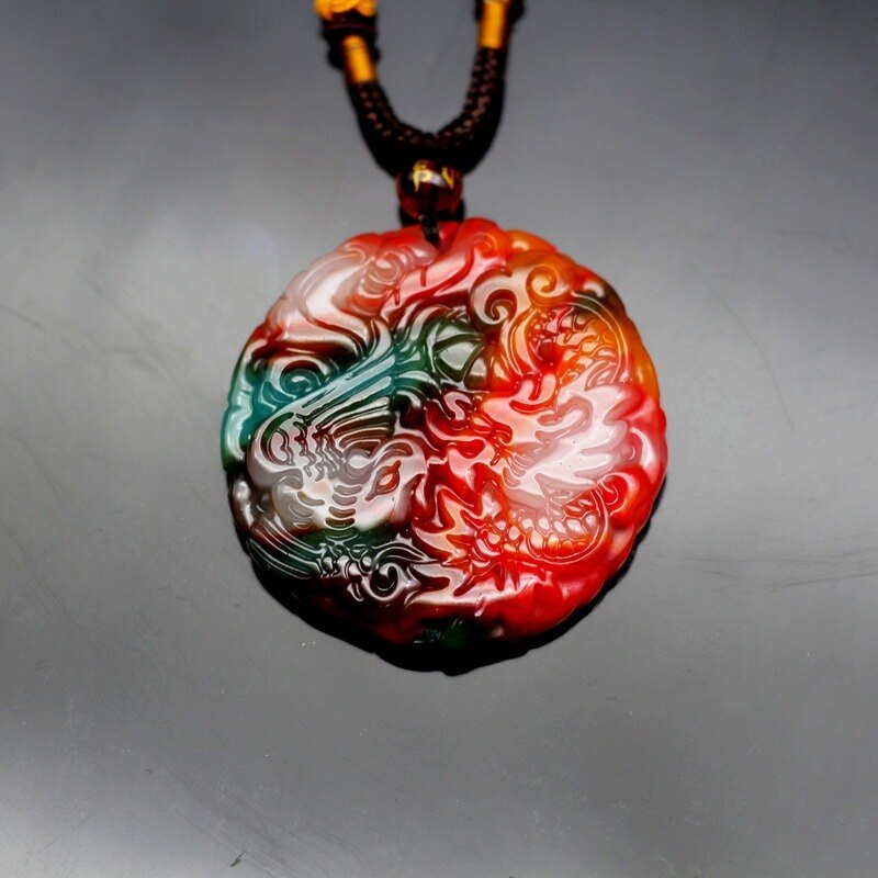 Natural Color Jade Dragon Phoenix Pendant Necklace Chinese Jewelry Hand-Carved Charm Amulet for Men Women Lovers