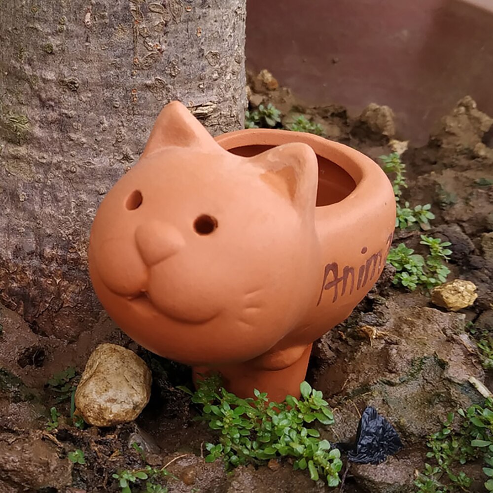 Pincho de riego automático de terracota para plantas de interior y exterior, herramienta gotero de arcilla de cerámica con dibujos animados de animales, paquete de 2 unidades