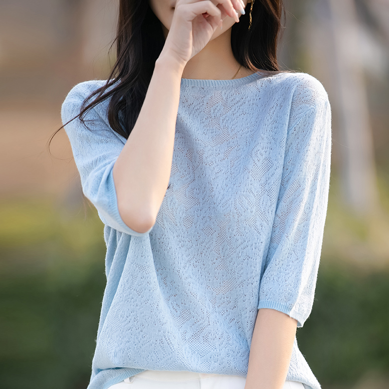 Women's Half-sleeved T-shirt Wool Lyocell Tees Sweater O-neck Flower Shaped Hollow Pullover Vest Summer Knitted Bottoming Tops: XL / SKY BLUE