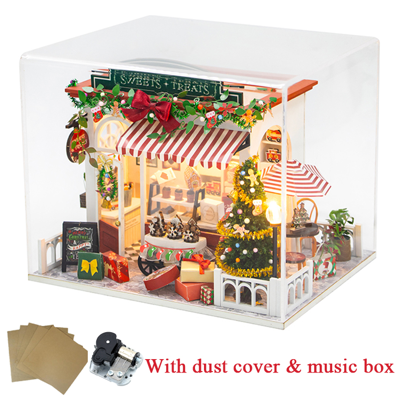 Diy Houten Poppenhuizen Kerst Dessert Winkel Casa Miniatuur Model Kit Villa Poppenhuis Met Meubels Led Licht Voor Vrienden Cadeau: Goud