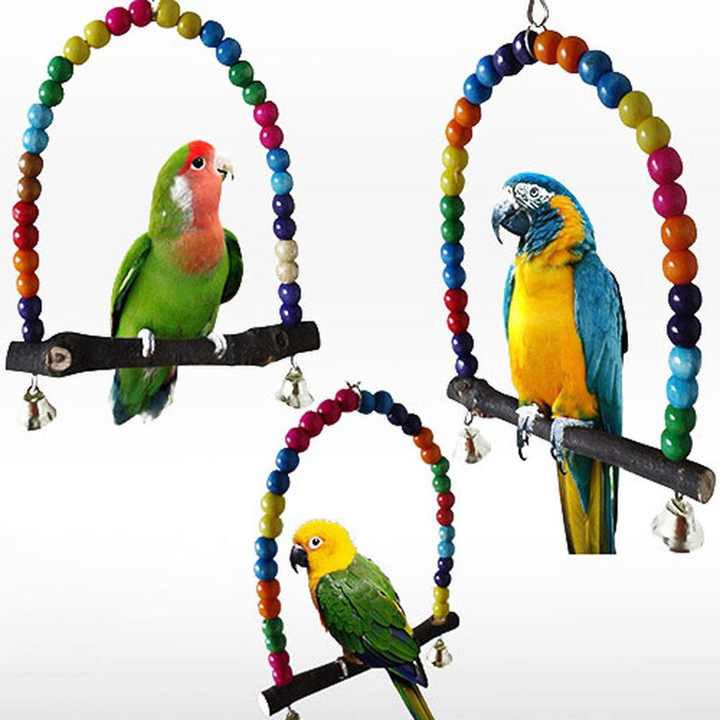 Bird Training Toys Parrot Swing Stand Natural Wooden Bird Cage Accessories Perch Hanging Swing Colorful Beads Bells Pet Supplies
