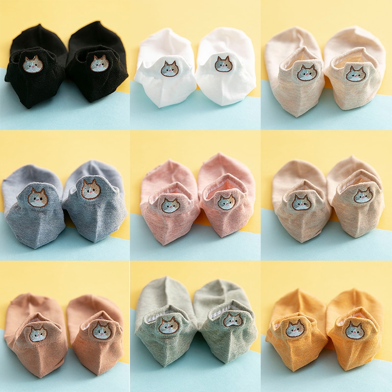 Chaussettes kawaii pour femmes, joyeuses chevilles, chaussettes amusantes pour femmes, dessin animé, broderie chat, chaussettes courtes harajuku, chaussettes à la cheville