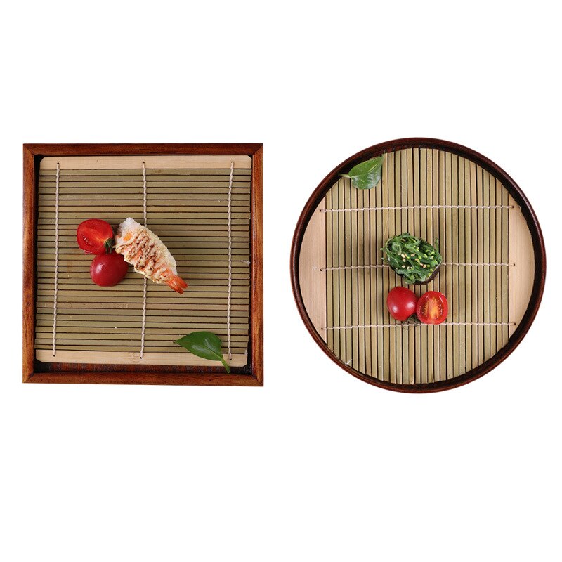 round/square Japanese sushi wooden plate with bamboo mat restaurant food tray tea tray