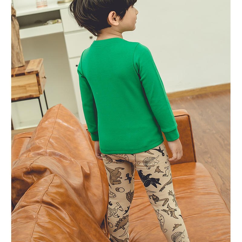 Kids Boys Cotton Blend Long Sleeve Dinosaur Print Round Neck Thermal Underwear Two-Piece Long Trousers Outfit Clothes Set