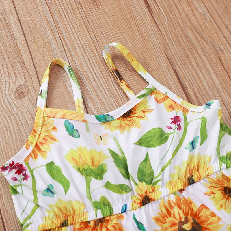 Peuter Meisjes Zomer Sling Ruches Rompertjes Mouwloze Zonnebloem Print Jumpsuit