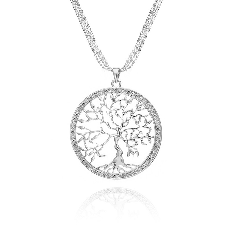 Tree of life Crystal Big Pendant Necklace Women 3 Colors Long Sweater Chains Necklace Jewelry: Silver