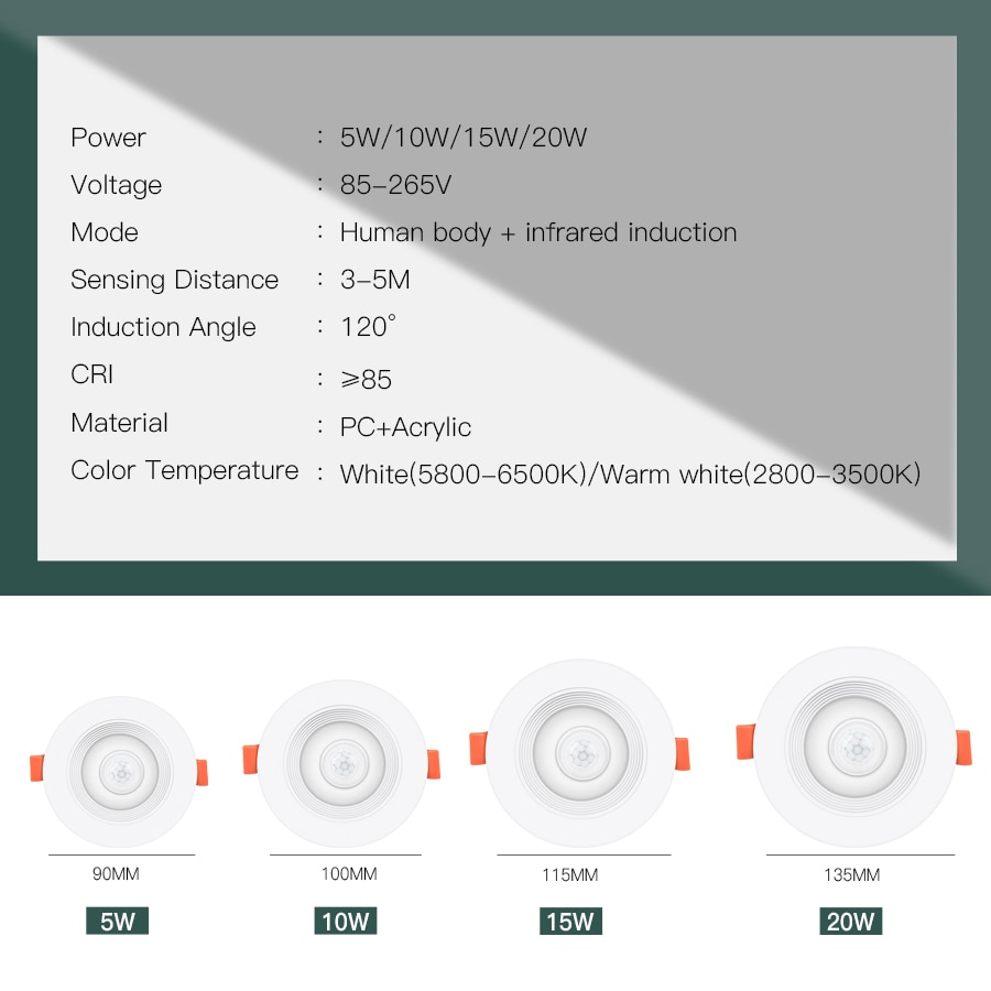 PIR Motion Sensor LED Downlights Recessed 5W 10W 15W 20W 85-265V LED Auto Lamp Smart LED Downlight Corridor Indoor Lighting