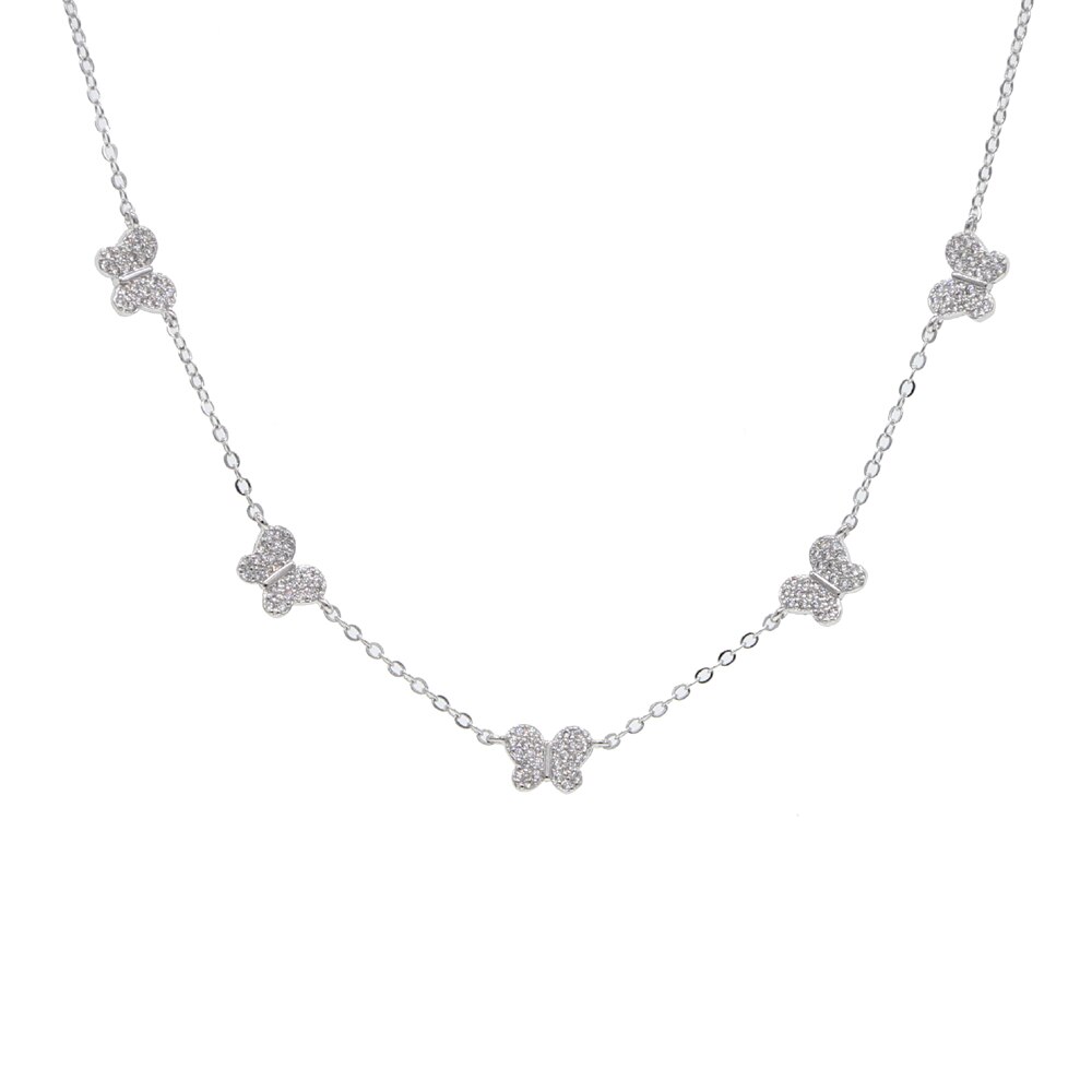 cz butterfly charm necklace for women cute beautiful animal minimal delicate white cz 35+10cm choker necklaces: Platinum Plated