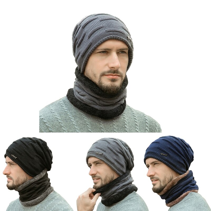 neue Beanie Hut Schal Set Männer Herbst Winter Dicke Thermische Flauschigen Gestrickte Kappe Neck Wärmer Headwear