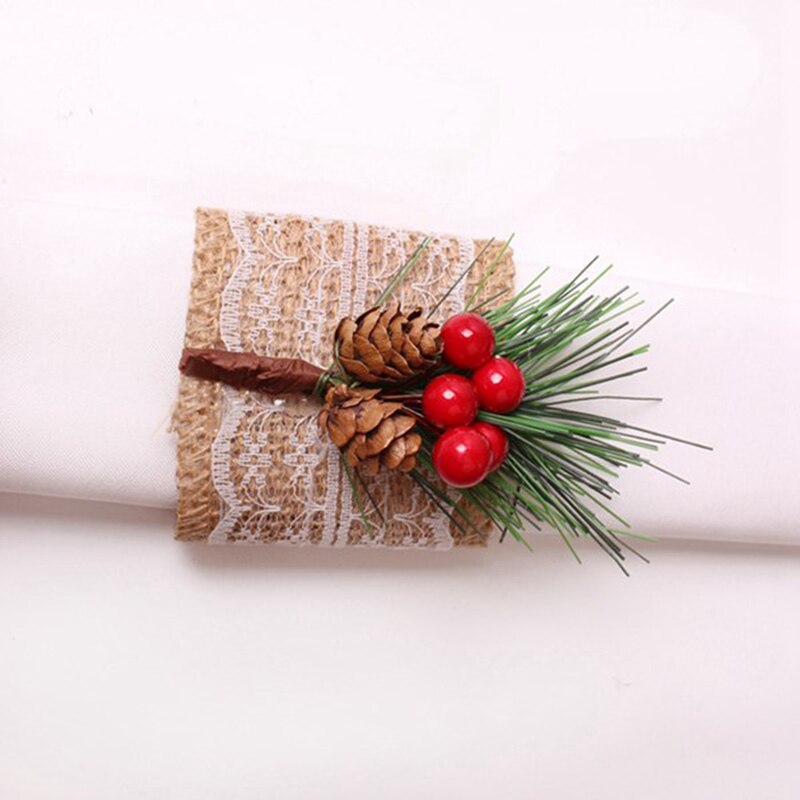 6 Stuks Kerst Servetringen Jute Servet Houders Handgemaakte Door Kunstmatige Pine Kegels &amp; Bessen, Servet Gespen Voor Bruiloft