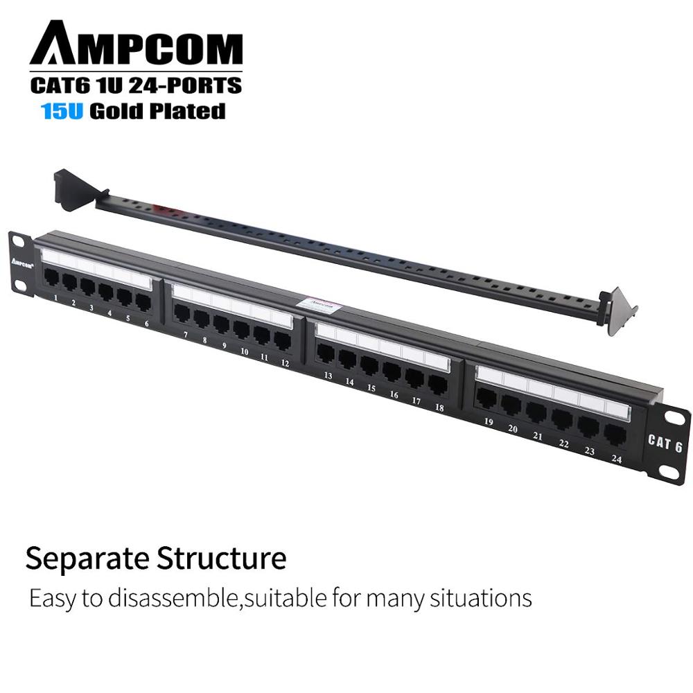 AMPCOM Premium Series CAT6 Patch Panel,15μ Gold Plated,1U 24-Port Rackmount or Wallmount Punch Down Patch Panel