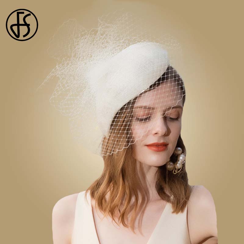 Fs Beige Witte Tovenaar Hoeden Voor Bruiloften Kerk Vrouwen Derby Pillendoosjepet Met Sluier Zwarte Fedora Vintage Dames Partij Elegante: Beige White Fedoras