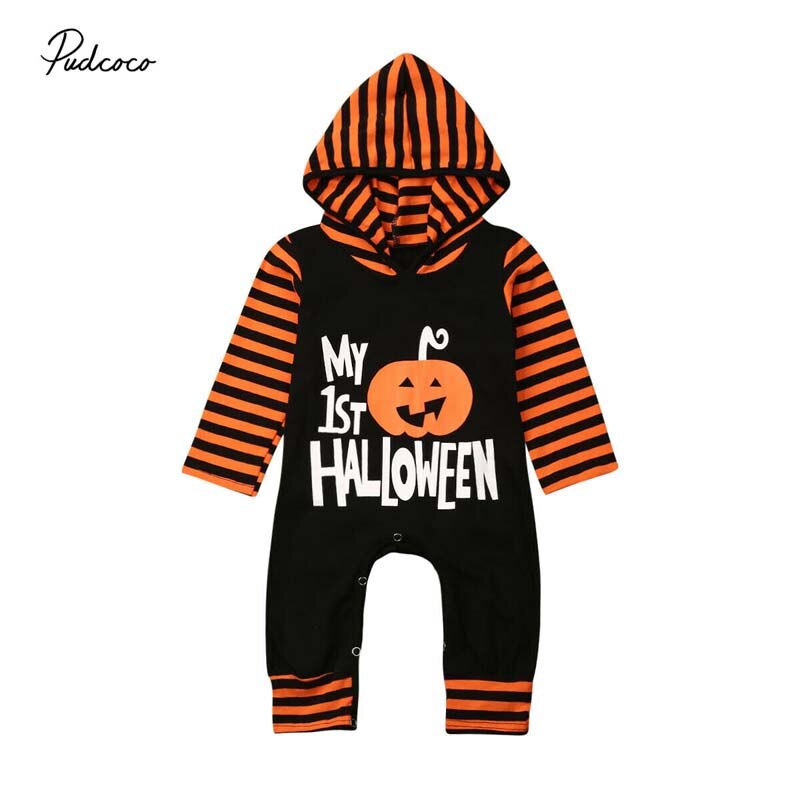 2019 Del bambino di Autunno della Molla Dei Vestiti Del bambino Del bambino Della Ragazza del Ragazzo di Halloween con Cappuccio Pagliaccetto Manica Lunga Tuta Lettera A Strisce Vestiti di toppa