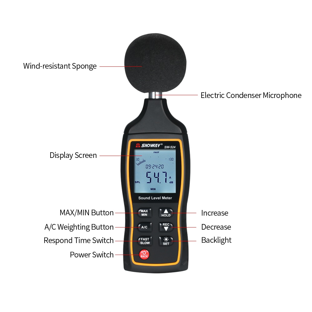 SNDWAY SW-524 30-130dB Digital Sound Level Meter Digital Noisemeter Noise Volume Measuring Instrument Decibel Monitoring Tester
