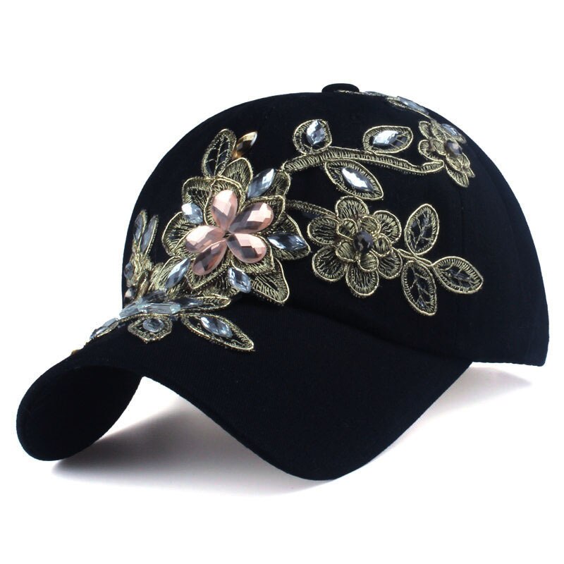 Mærke baseball kasket blomster bling diamant kanvas snapback kasketter til kvinder kvindelig solhat rhinestone denim kasket hatte: Sort