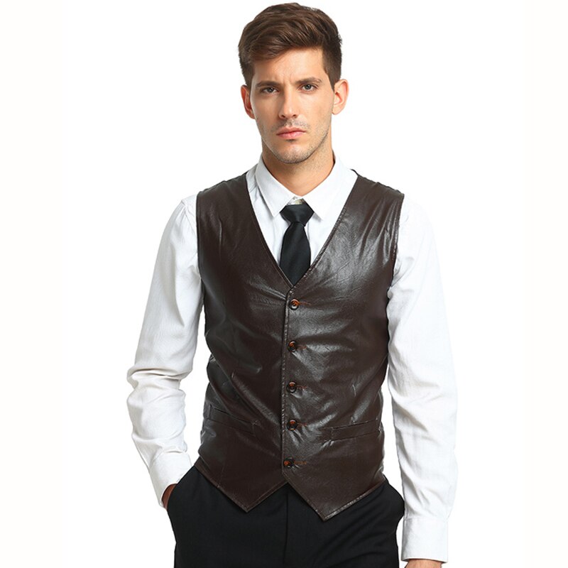 Nieuwkomers Mannen casual pak vest Vesten smart Casual effen kleur mouwloze PU lederen jurk Vest mannen Tops plus size