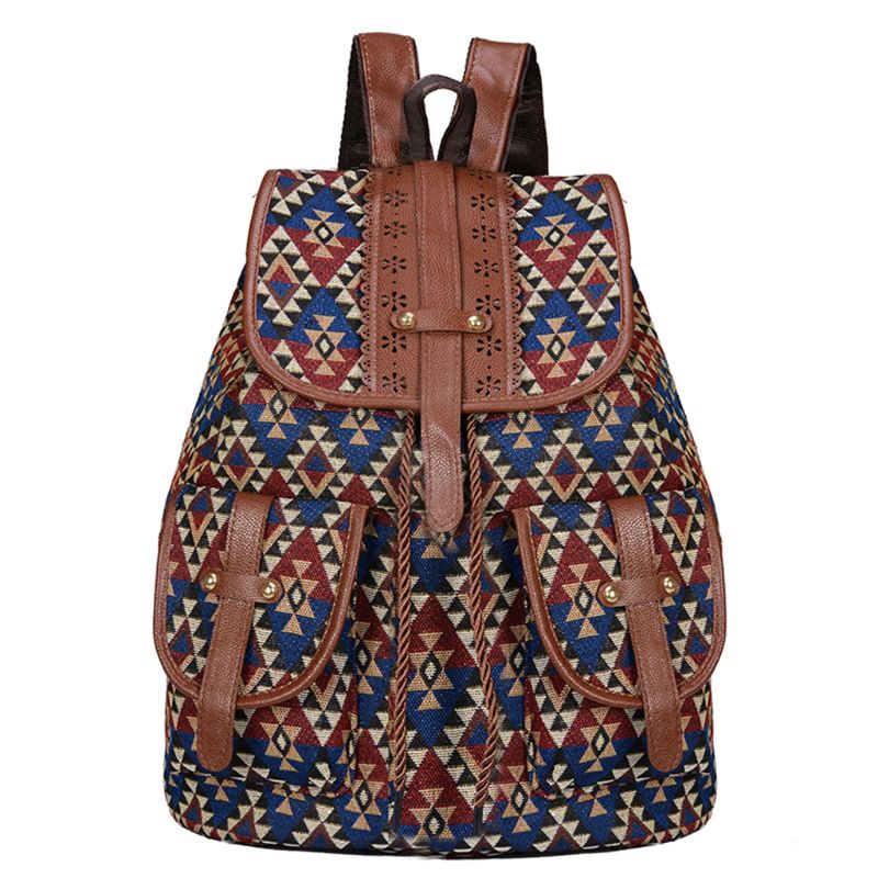 Vintage Print Canvas Ethnic Backpack for Women Girls School Drawstring Bohemia Travel Rucksack