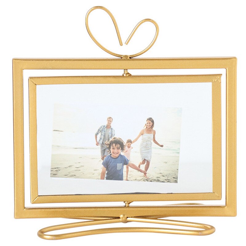 Geometric Golden Metal Photo Frame Desktop Heart Picture Frames for Portraits and Landscape Photo Rotating Photo Frame: C