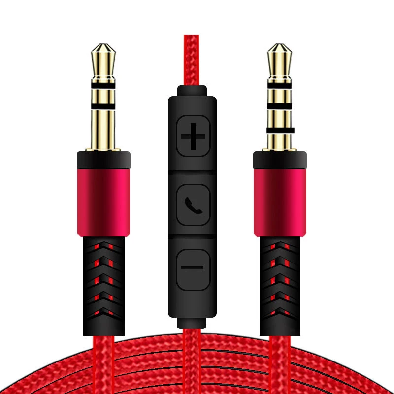 Cabo macho para macho com microfone, controle de volume para auscultadores e altifalante do carro, linha AUX, 1.2m, 3.5mm: Vermelho