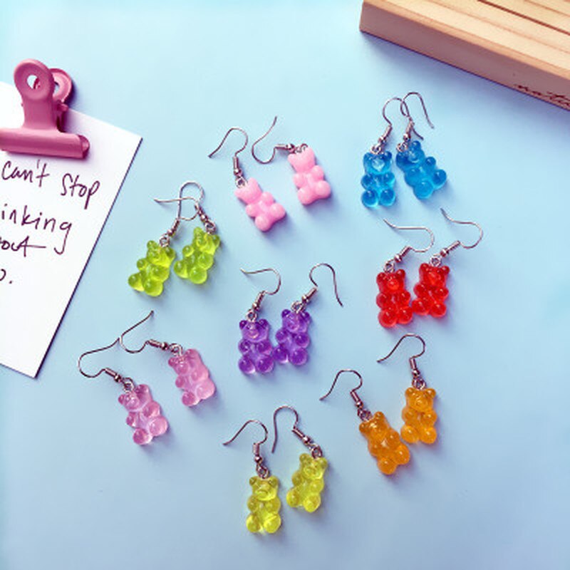 Pendientes colgantes de minimalismo de dibujos animados de oso lindo pendientes creativos de resina ganchos para los oídos Color caramelo mujeres niñas joyería