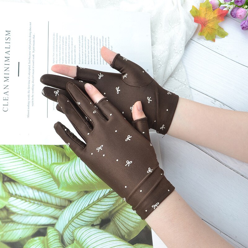 1 par de guantes de muñeca de protección solar a la , guantes elásticos de punto con dos dedos para mujer, mitones Vintage de tela para conducir: Café