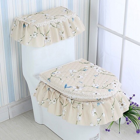 Asiento de inodoro de encaje para baño, cubierta de tanque de agua, Cubierta superior, juego de almohadillas de inodoro, cojín Protector de inodoro con estampado Floral de tres piezas: 9