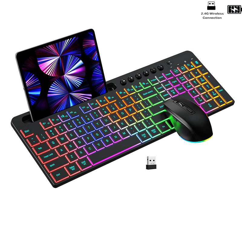 Ergonomiczna bezprzewodowa klawiatura i mysz 2.4G z uchwytem na telefon 1600 DPI podświetlana ładowalna klawiatura i mysz zestaw dla Win7/8/10/11: WHITE