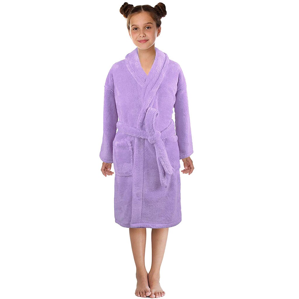 Thick Solid Flannel Robes Toddler Boys Girls Solid Flannel Bathrobes Towel Night-gown Pajamas Sleepwear Халат Махровый Женский: Purple / 9-12 Years