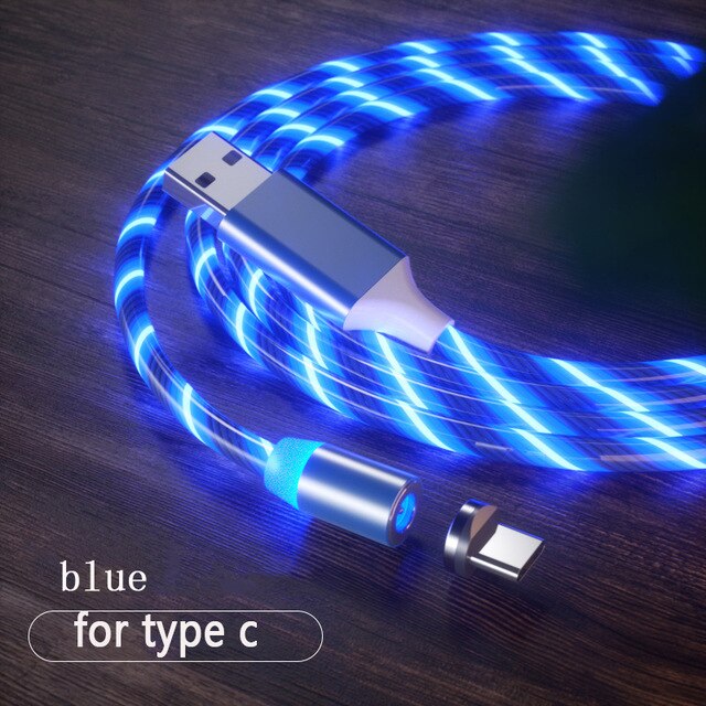 Magnetische Usb Charger Kabel Led Verlichting Stroomt Gloed Koord Type C/Micro Usb/8 Pin Voor Iphone 6 7 Android Telefoon Snelle Lichtgevende Draad: Blue for Type C