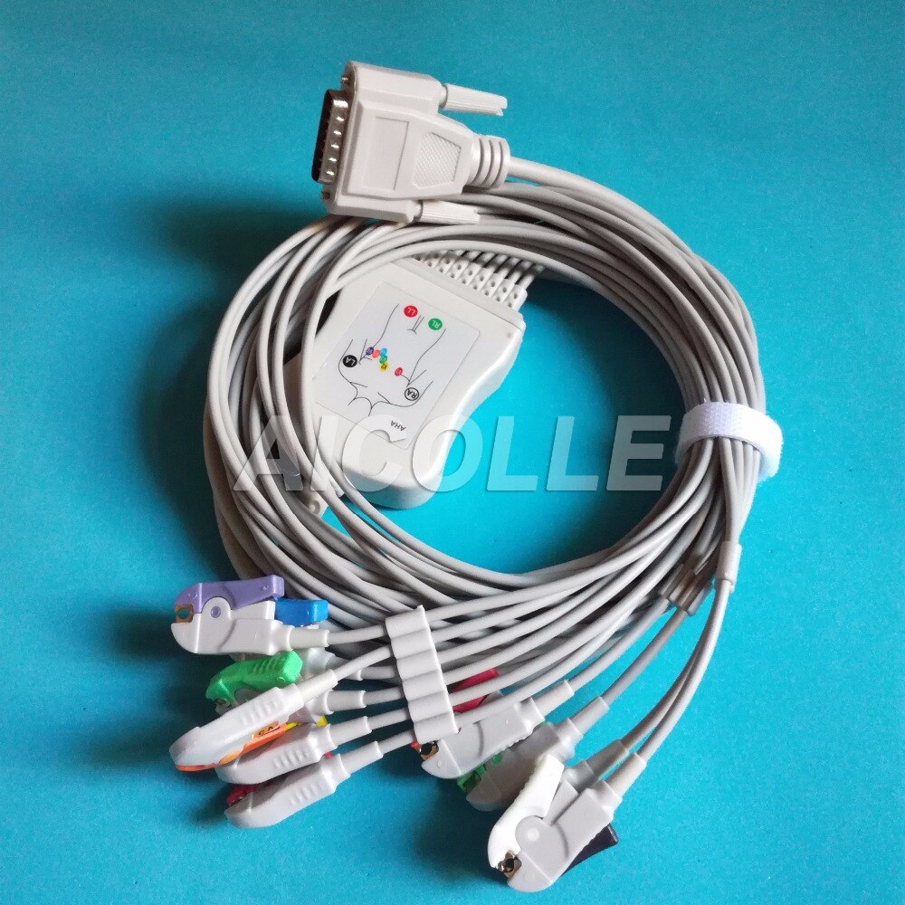 Eletrocardiograma Nihon Kohden 9130K 9110 EKG cable 10 lead ecg cable 15 pin connector clip leads on terminal