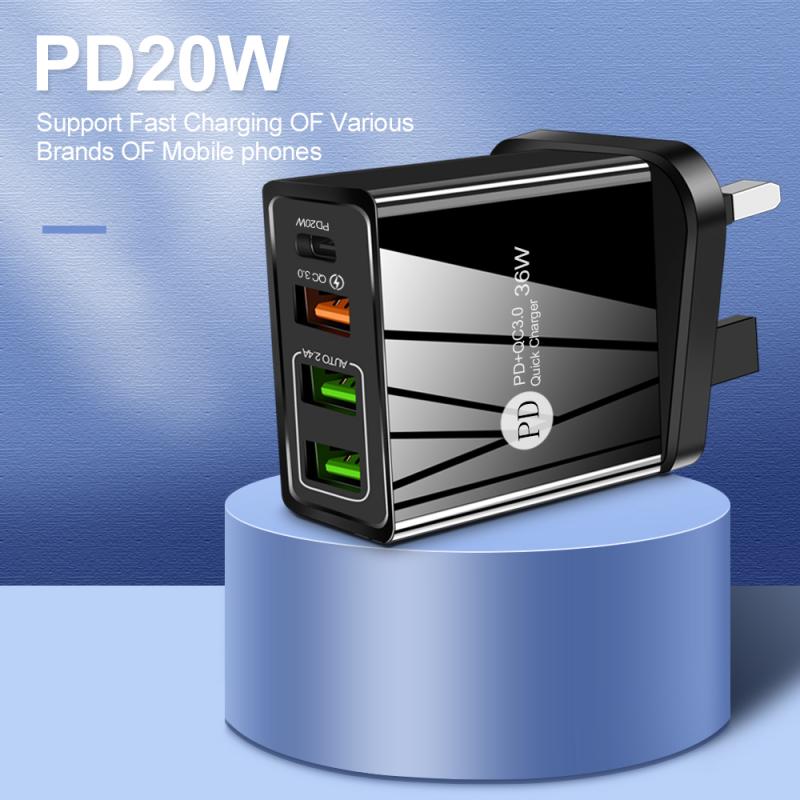 US/EU/UK Fast Charge Mobile Phone Charger Multi-port USB with PD Charging Head Fast Power Charger PD20W+QC3.0 2.4A Dual USB