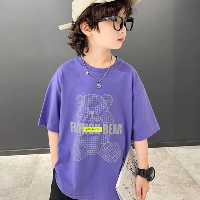 Camisa de manga curta de verão 2022 novo estilo estrangeiro das crianças meia manga tripulação pescoço impressão urso meninos roupas branco