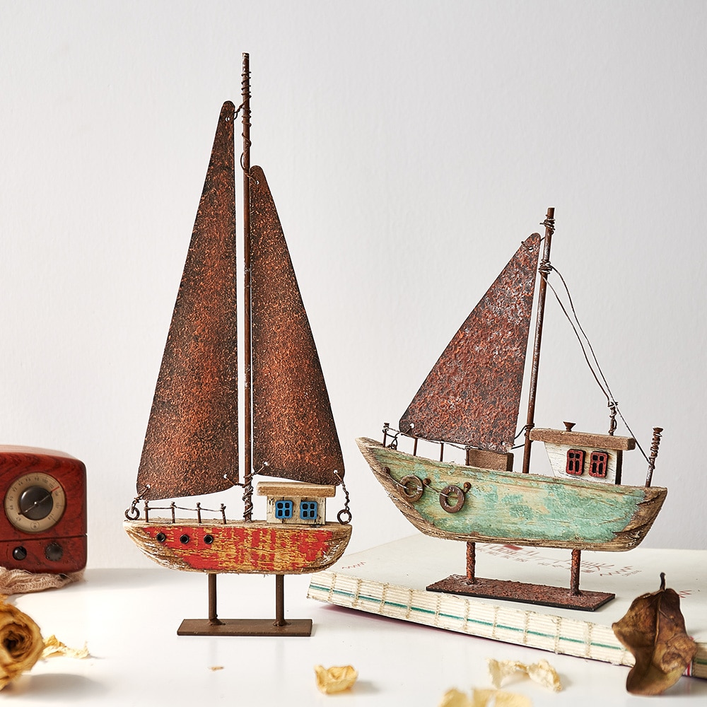 Wooden Ship Model Modern Home Decoration Iron Retro Sailboat Figurines Office Desk Decorative Birthday Christmas