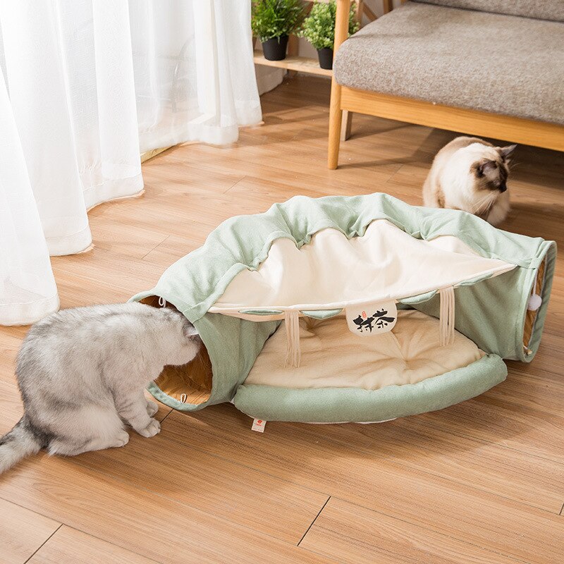 Túnel de juguete para gatos, cama multifunción con bola divertida, tubo cálido y cómodo, casa plegable para gatitos para esconder y dormir, 2 vías