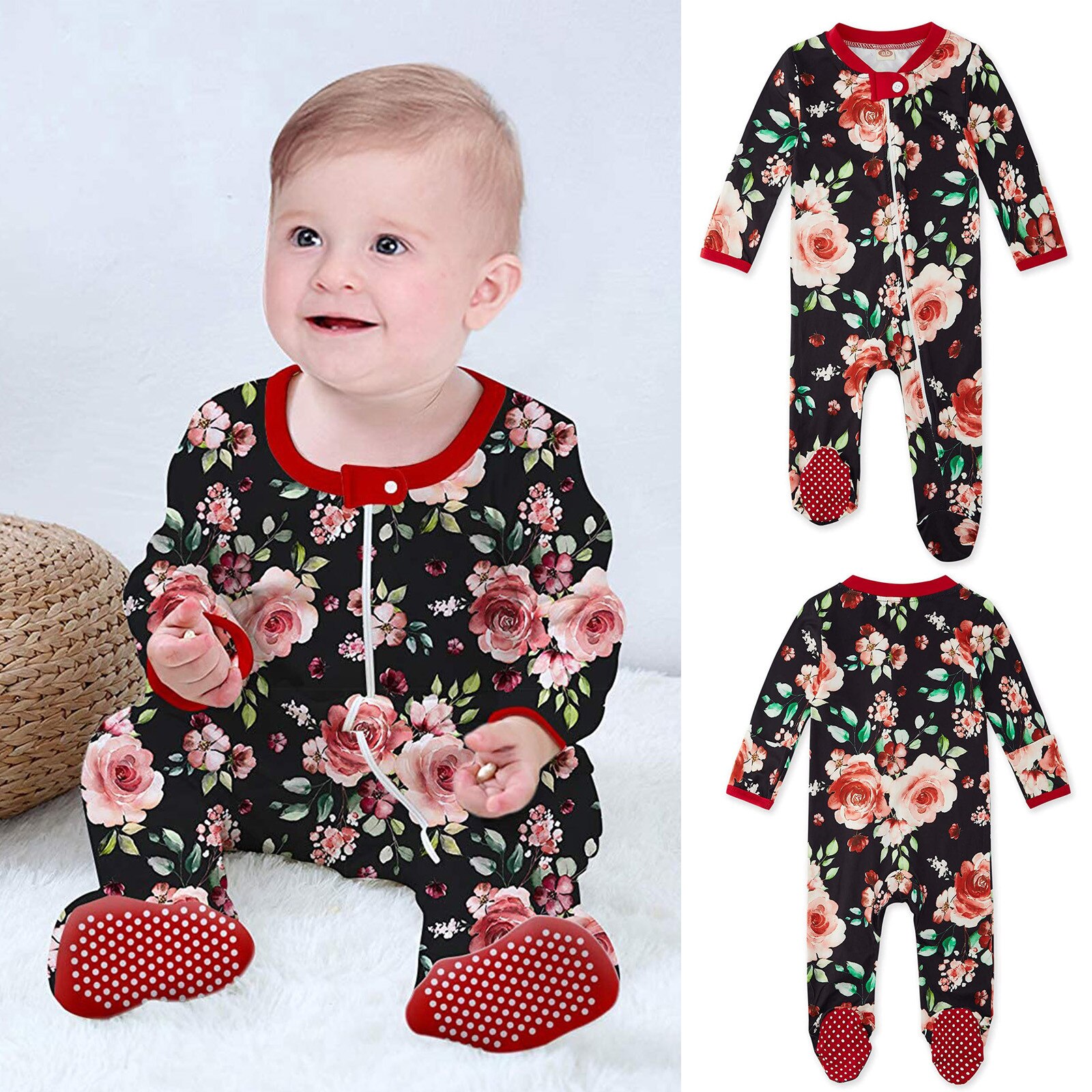 Pasgeboren Nachtkleding Baby Jongen Meisje Bloemenprint Pyjama Sleeper Rits Footed Romper Jumpsuit Lange Mouwen Baby Kleding Bebek Giyim