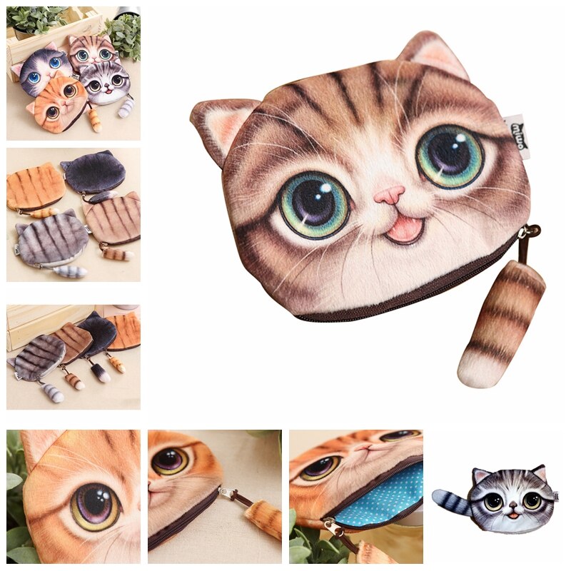 1pcs Ladies Cute Cat Face Animal Coin Purse Wallet Mini Zipper Bag